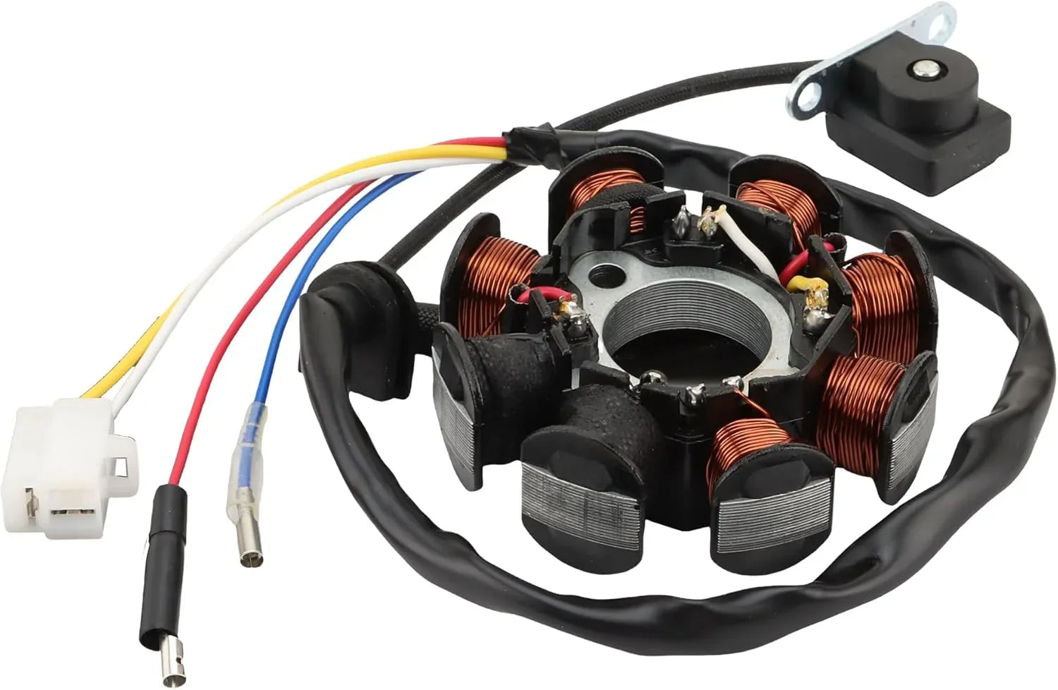 GY6 engine stator with copper coils, wiring harness, and connectors for scooter or ATV aftermarket repair