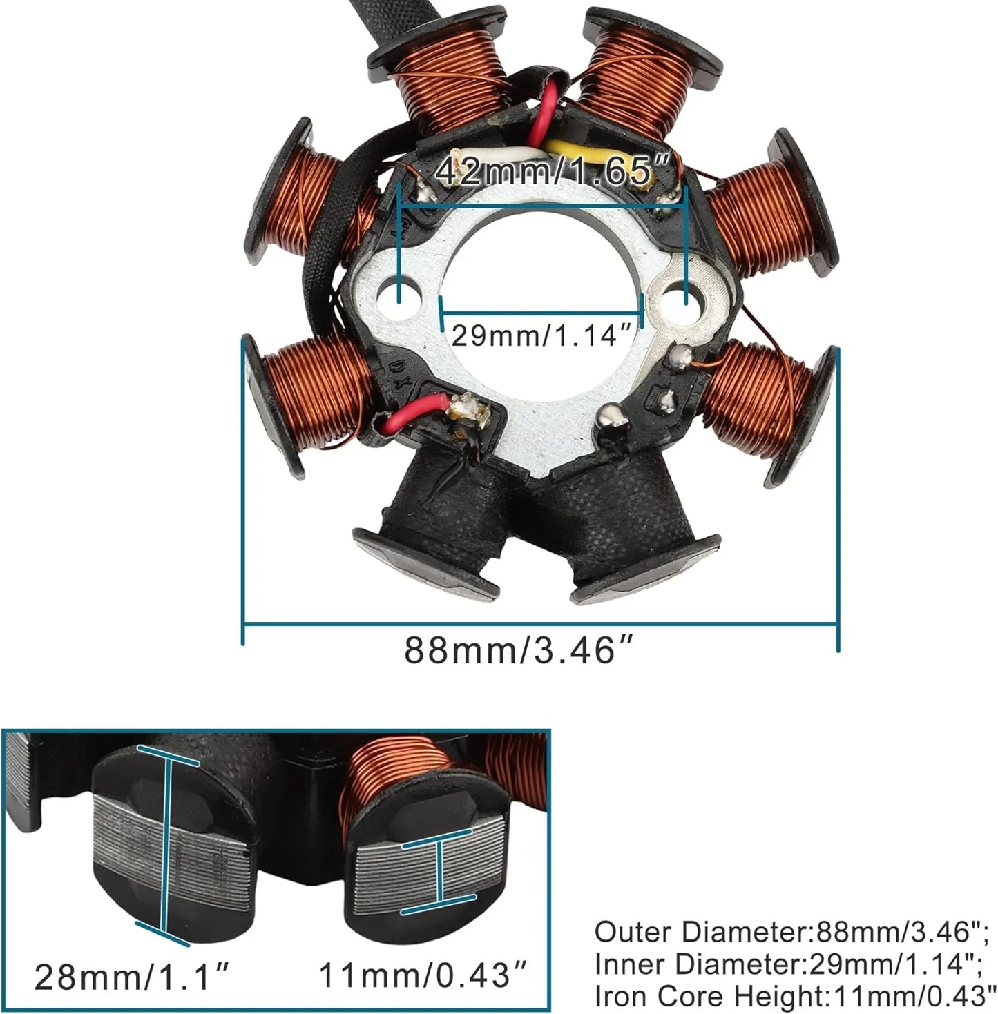 GY6 engine stator with copper coils, 88mm outer diameter, 29mm inner diameter, 11mm iron core height