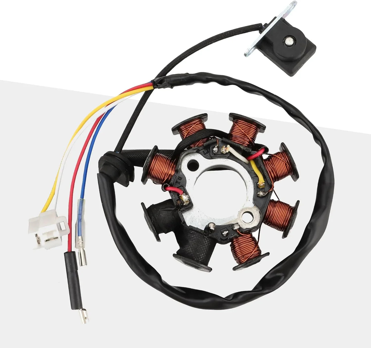 GY6 engine stator with copper coils and multi-colored wiring for scooter or ATV repair
