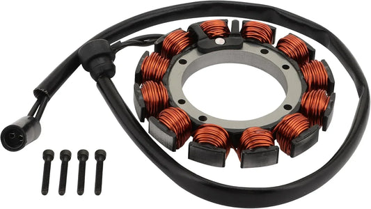 GY6 engine stator with copper coils, black wiring, and mounting bolts for motorcycle aftermarket parts