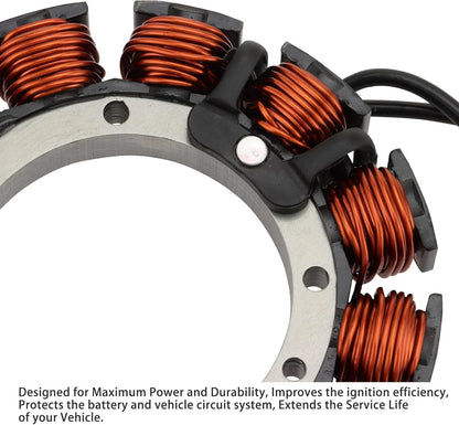 Stator with copper coils for motorcycle ignition, enhances power, durability, and battery protection