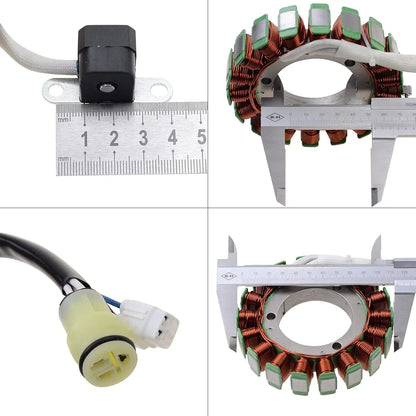 18 pole magneto stator with wiring and connectors for ATV or motorcycle, shown with measurements