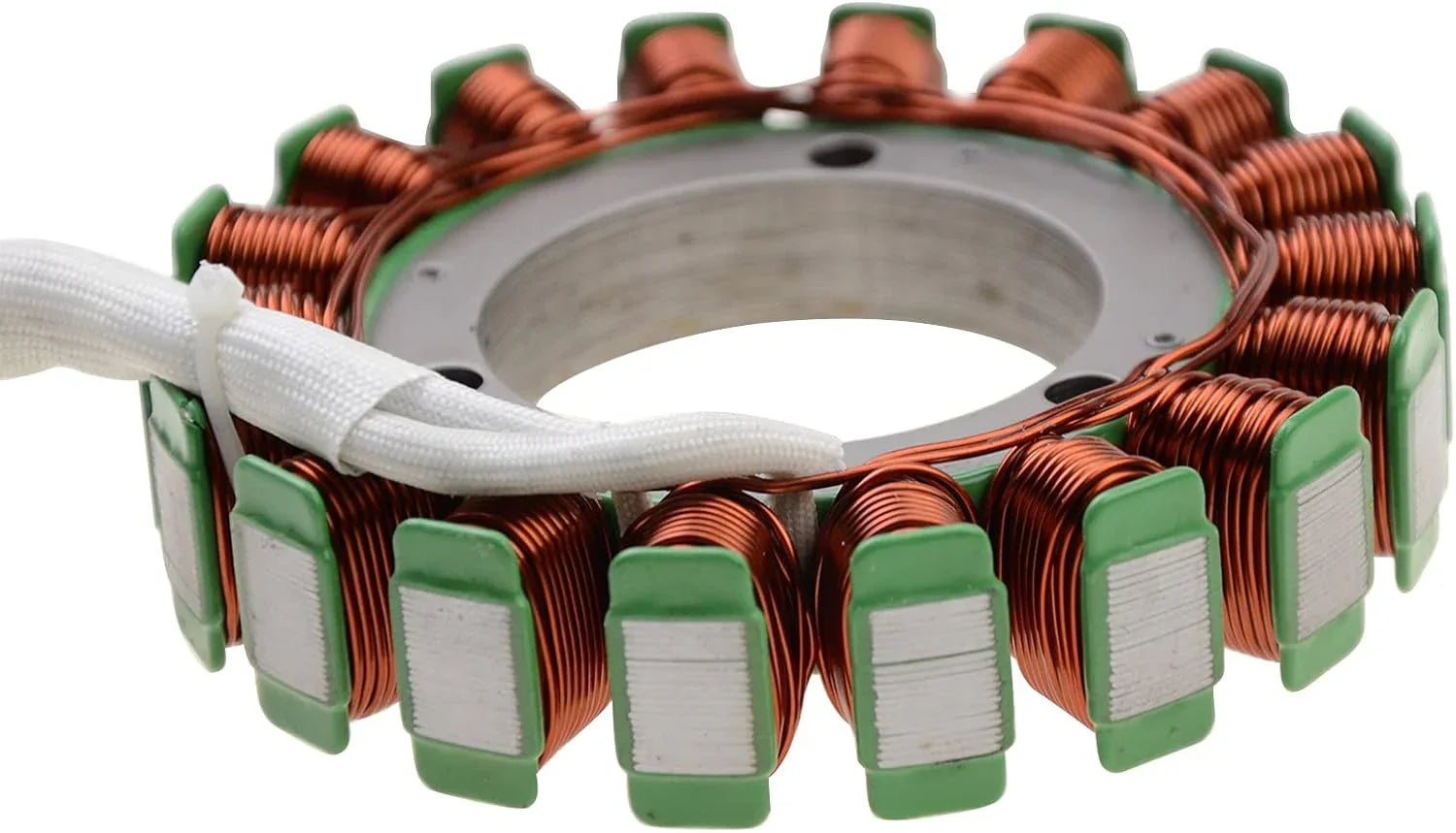 Motorcycle stator magneto coil with copper wire windings and green connectors