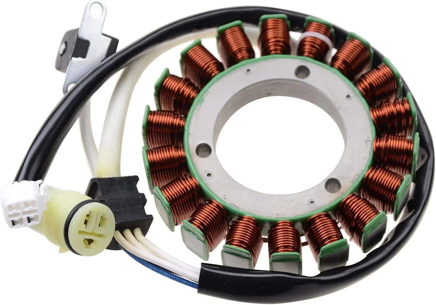 Motorcycle magneto stator coil with copper windings and connector for ATV or UTV engine