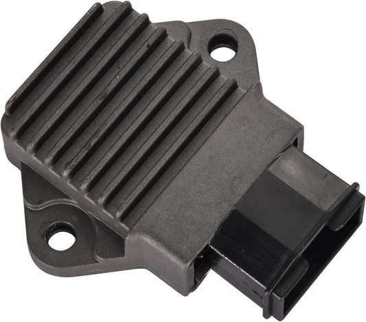 Motorcycle regulator rectifier part with finned black metal casing and connector port