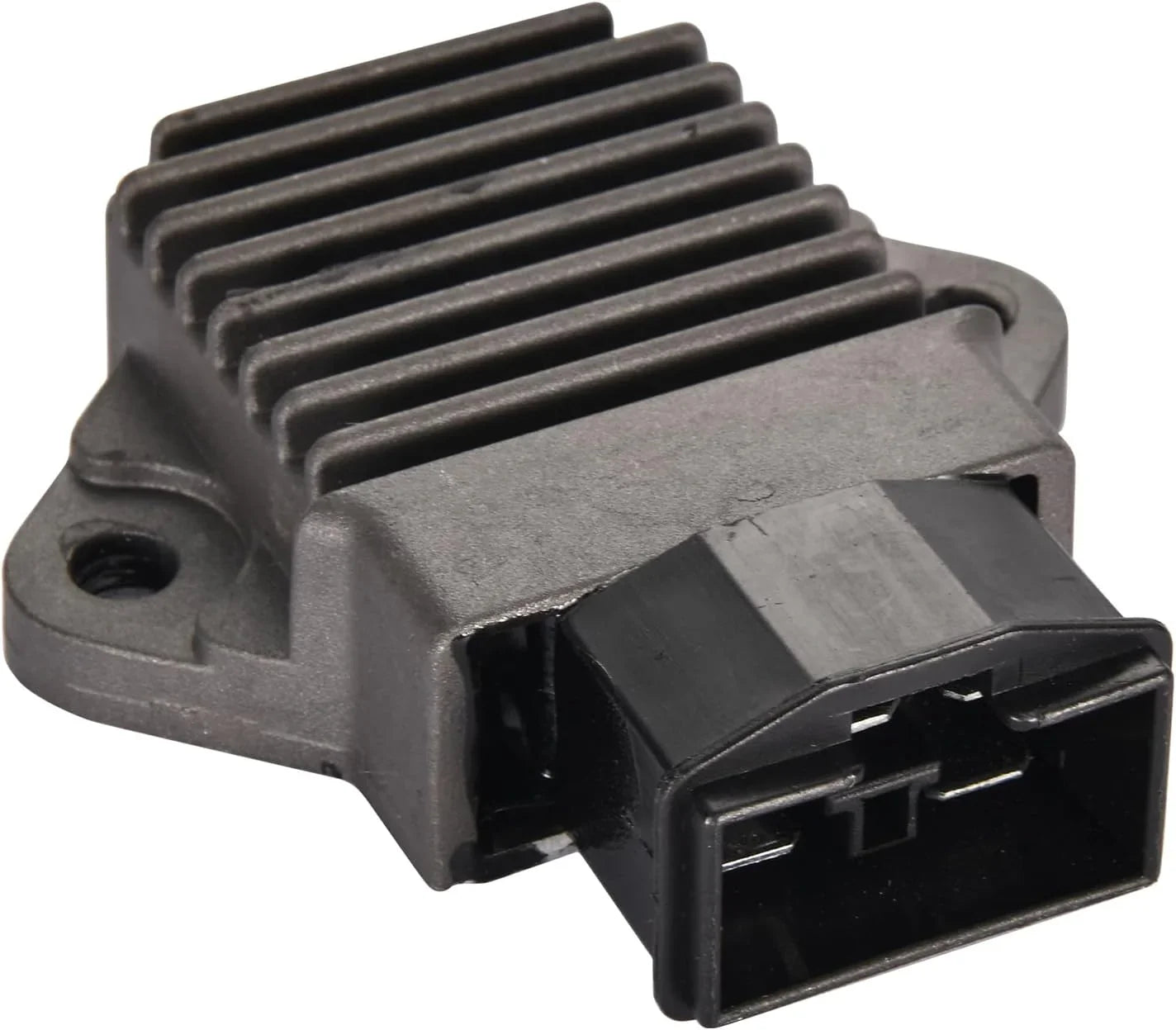 Motorcycle regulator rectifier with metal fins and black connector, aftermarket part