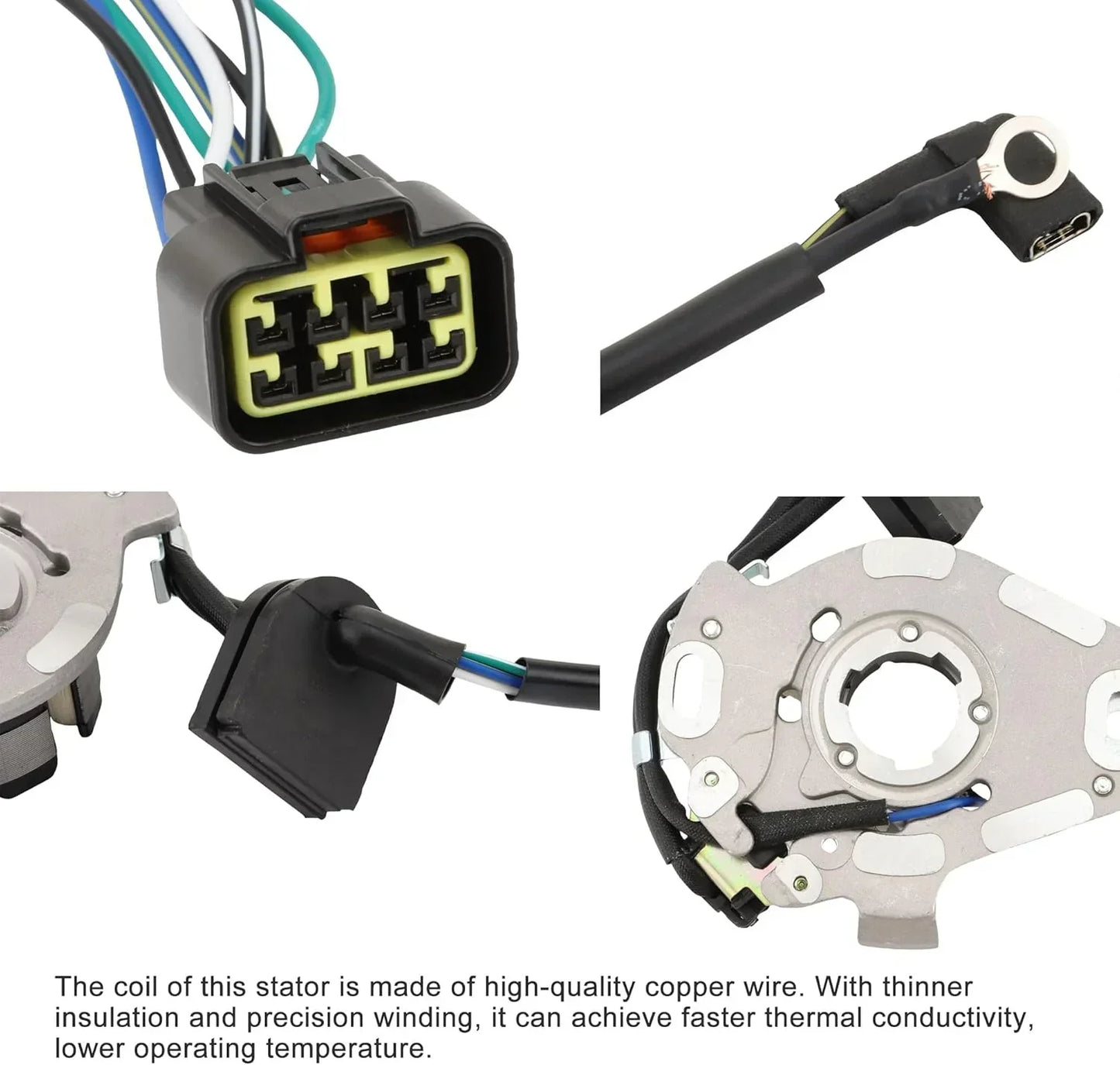 Motorcycle stator with copper wire coil, multi-pin connector, and wiring harness for GY6 engine