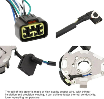 Motorcycle stator with copper wire coil, multi-pin connector, and wiring harness for GY6 engine