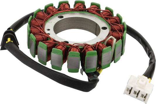 GY6 engine stator with copper coils, green insulation, and wiring harness for scooter or ATV repair