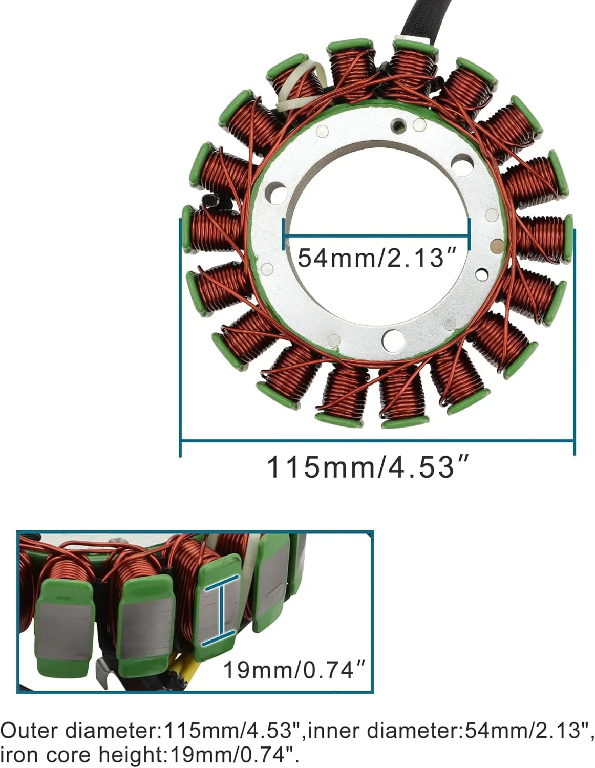 115mm stator with 54mm inner diameter, 19mm iron core, copper windings for GY6 engine aftermarket parts