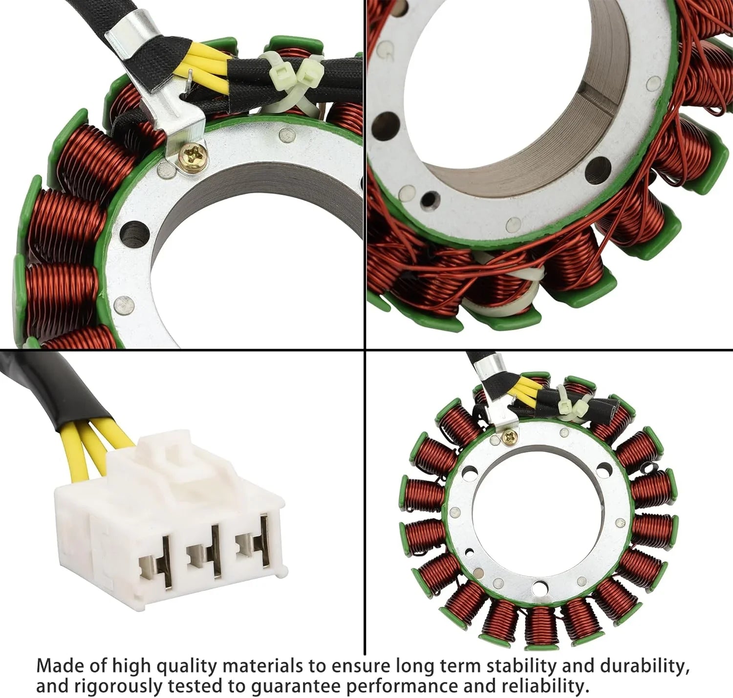 Stator coil assembly with copper windings, green insulators, and 4-pin connector for GY6 engine parts