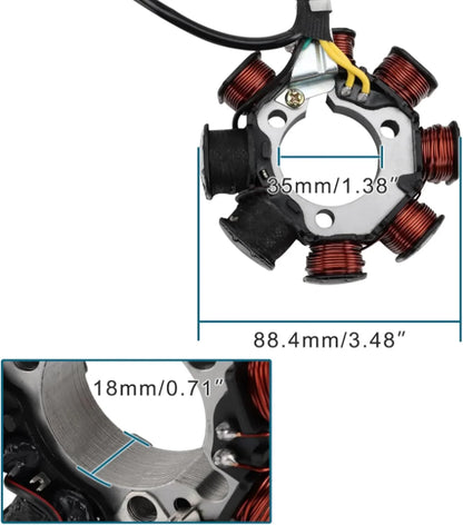 Honda TRX200 stator replacement part with coil wiring and detailed size measurements