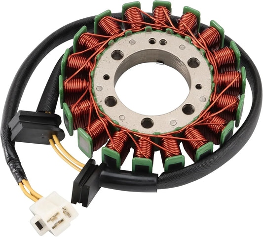 Motorcycle stator with copper coils, green insulators, and wiring connectors for GY6 engine replacement