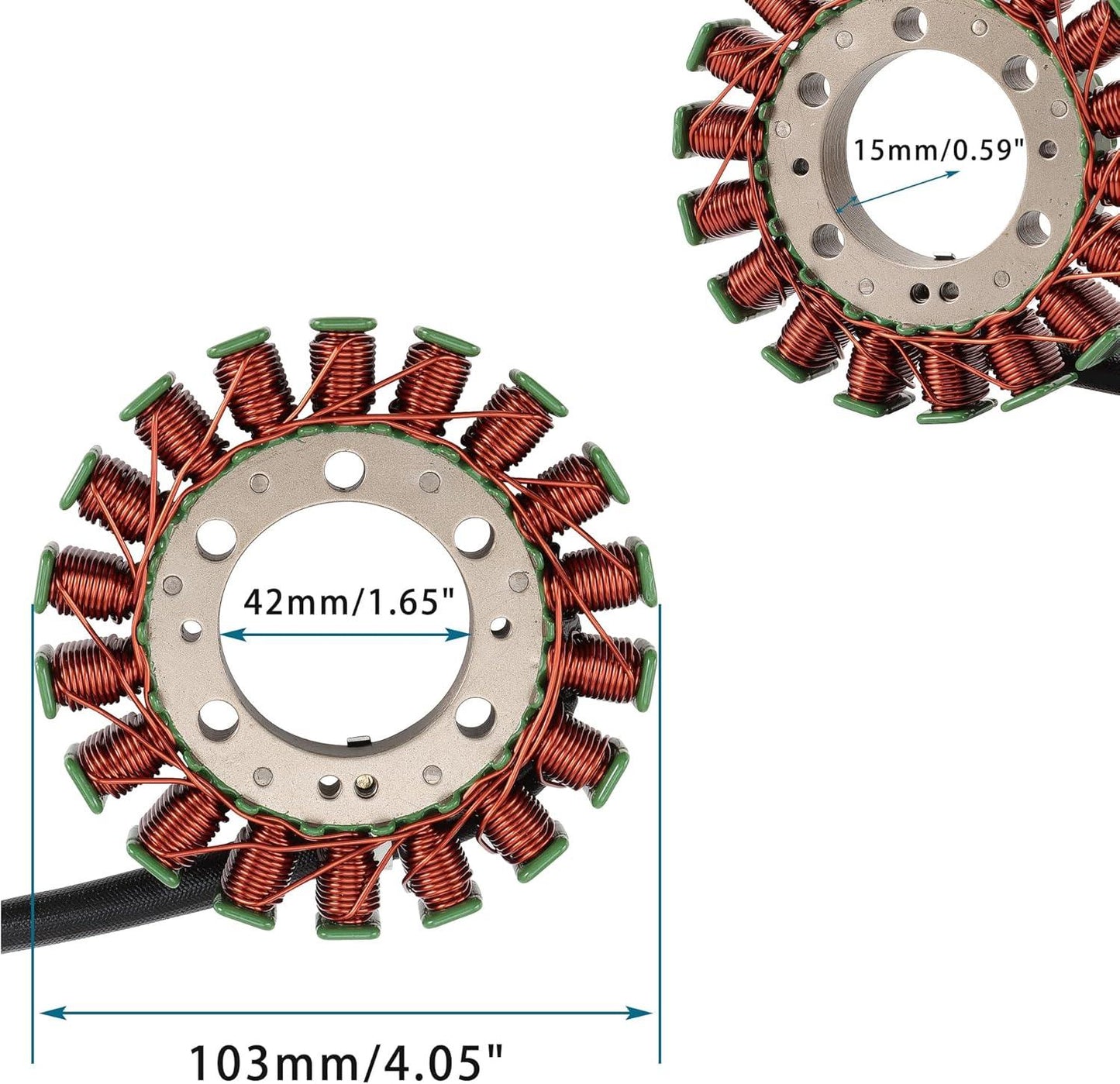 Stator with copper coils and green insulators, 42mm inner diameter, 103mm outer diameter, for GY6 engine