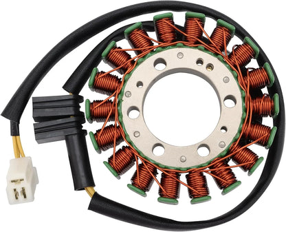GY6 engine stator with copper coils, green insulators, and wiring harness for scooter motorcycle repair
