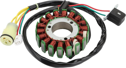 GY6 engine stator with copper coils, green insulators, and multi-color wiring for scooter motorcycle repair