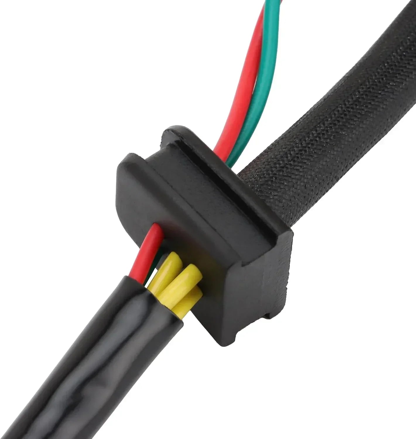 Black motorcycle wiring harness connector with red, green, yellow wires for GY6 engine parts
