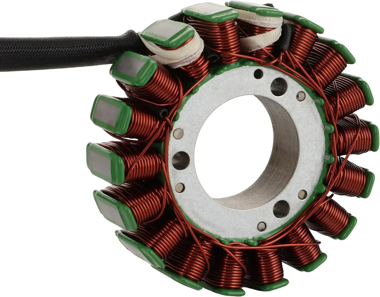 GY6 engine stator with copper coils and green insulators, aftermarket motorcycle part