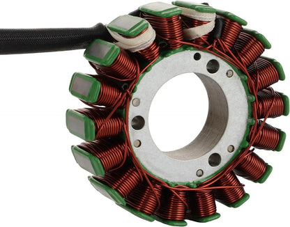 GY6 engine stator with copper coils and green insulators, aftermarket motorcycle part