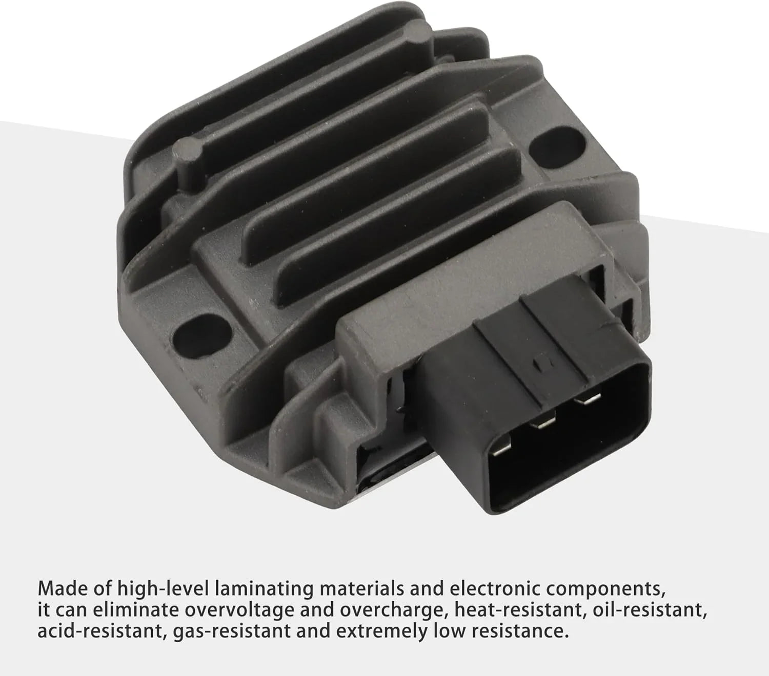 Motorcycle voltage regulator rectifier with cooling fins and 4-pin connector on white background