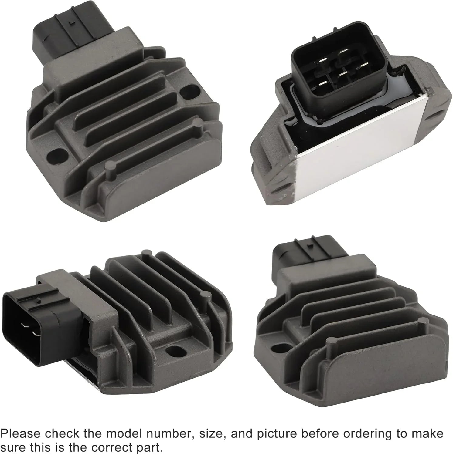 Motorcycle voltage regulator rectifier with cooling fins and multi-pin connector, multiple angles