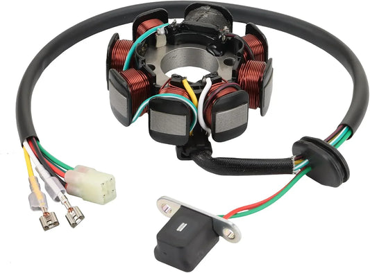 GY6 engine stator with colored wiring and connectors for motorcycle aftermarket parts
