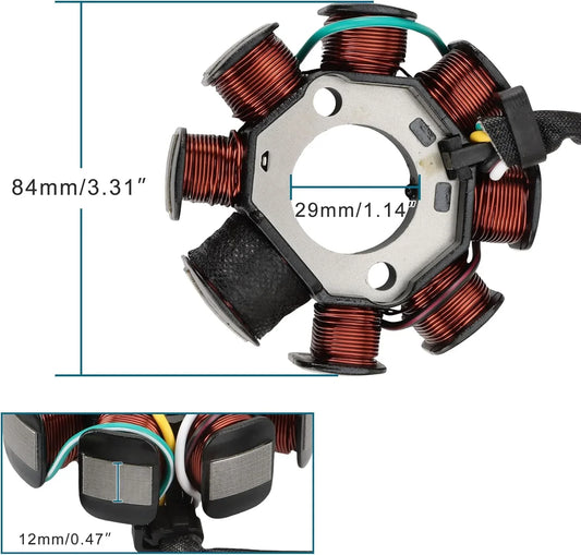 GY6 engine stator with copper coils, 84mm diameter, 29mm center hole, 12mm wire spacing