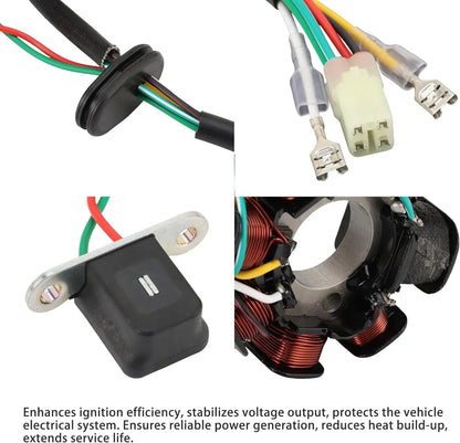 GY6 engine stator with wiring harness, ignition coil, and connectors for reliable power generation