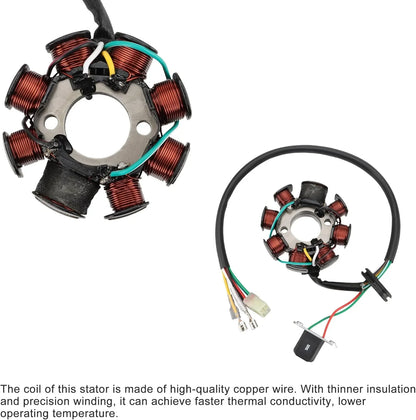 High-quality copper wire stator for GY6 engine, precision wound with color-coded wiring for motorcycle aftermarket parts.