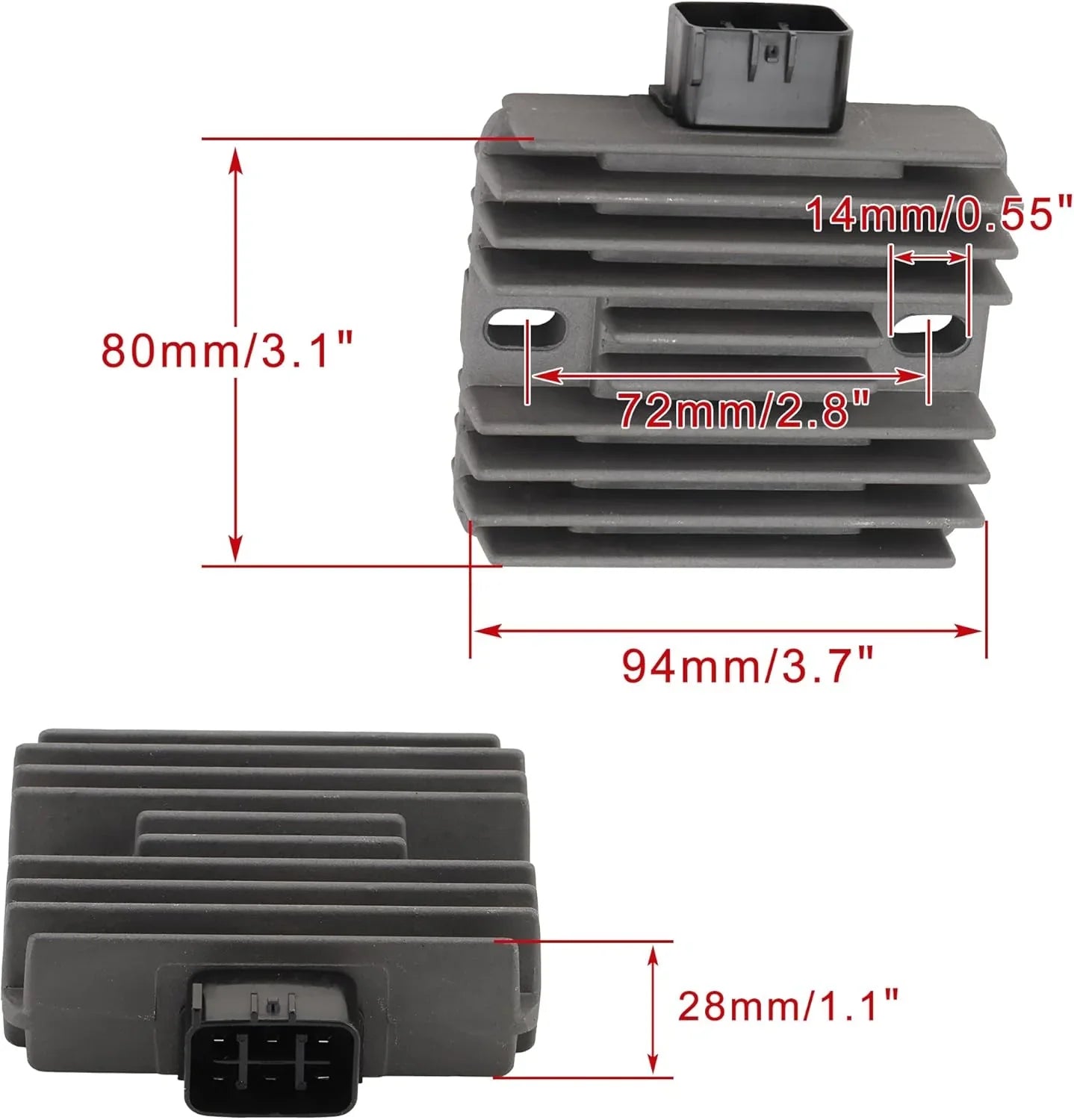 Rectifier regulator for Kawasaki ER-6N, Ninja 650, Vulcan S with labeled dimensions