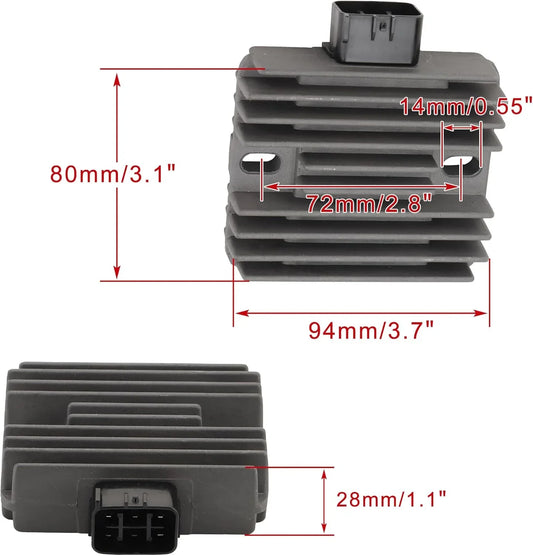 Rectifier regulator for Kawasaki ER-6N, Ninja 650, Vulcan S with labeled dimensions