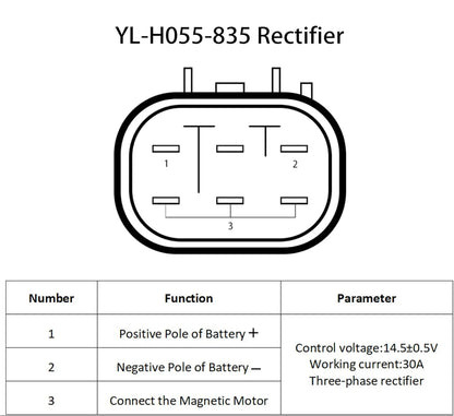 Kawasaki ER-6N Ninja 650 Vulcan S rectifier wiring diagram with connection table and specs