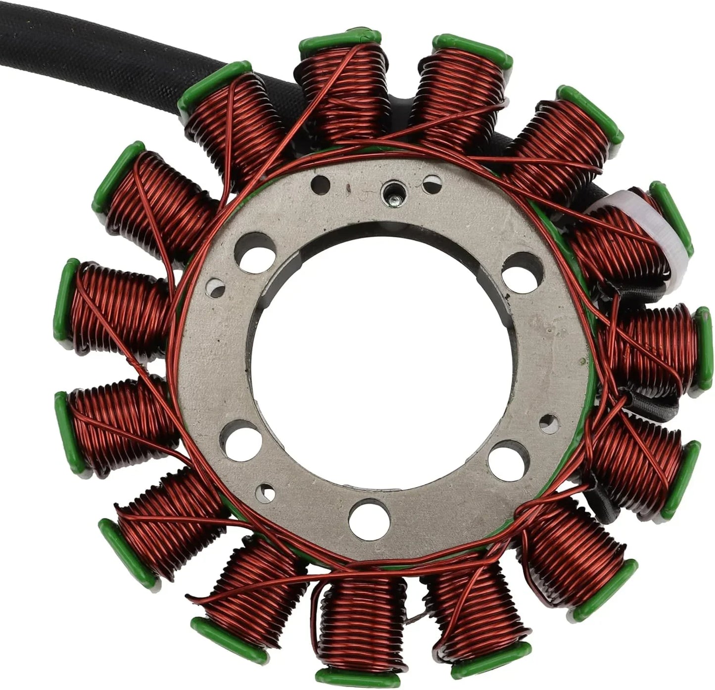 Kawasaki Teryx stator magneto with copper coils and green wire tips, close-up view