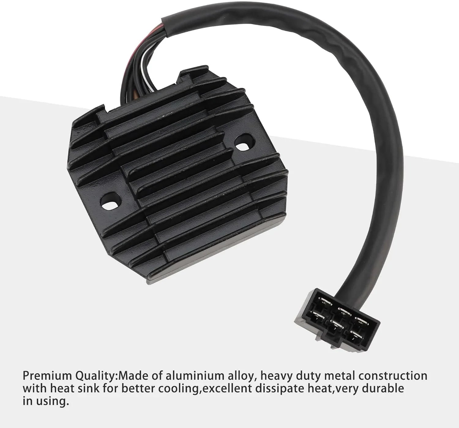 Black motorcycle voltage regulator rectifier with heat sink and connector cable for Kawasaki ZX-6R ZX600 VN400 VN800 replacement.