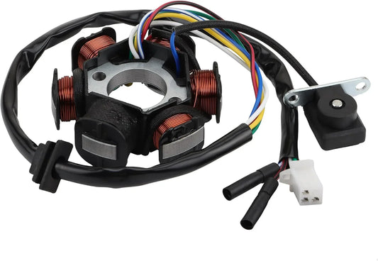 GY6 engine stator with colorful wiring harness and connectors for scooter or ATV aftermarket repair
