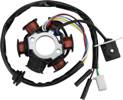 GY6 engine stator with multi-colored wiring harness and connectors for scooter or ATV aftermarket repair