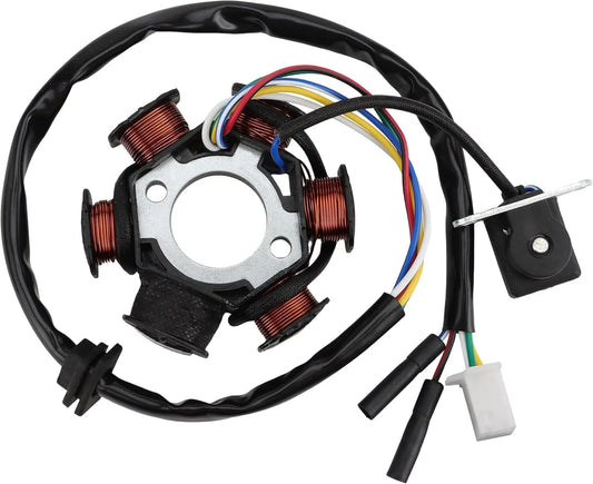 GY6 engine stator with multi-colored wiring harness and connectors for scooter or ATV aftermarket repair