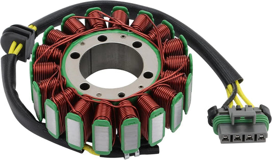 Stator with copper coils and green insulation for GY6 engine, featuring wiring harness and connector