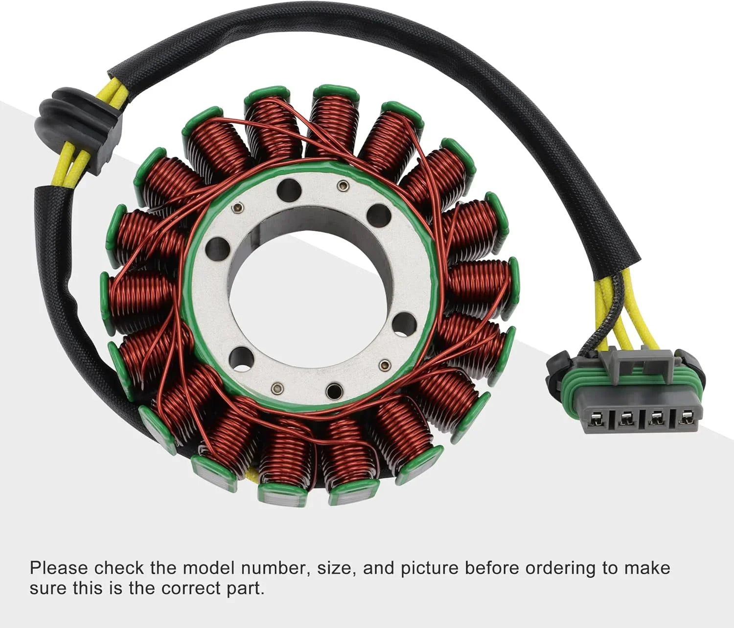 GY6 engine stator with copper coils, green insulation, and wiring harness for scooter motorcycle repair parts