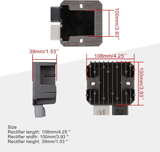 Polaris RZR XP900 XP1000 regulator rectifier with dimensions labeled, aftermarket ATV part