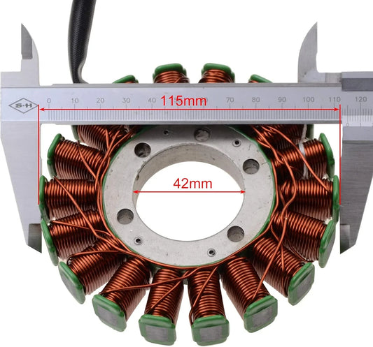 Stator coil for Polaris Ranger 500 and Sportsman 500 HO shown with caliper and measurements, 115mm outer and 42mm inner diameter.