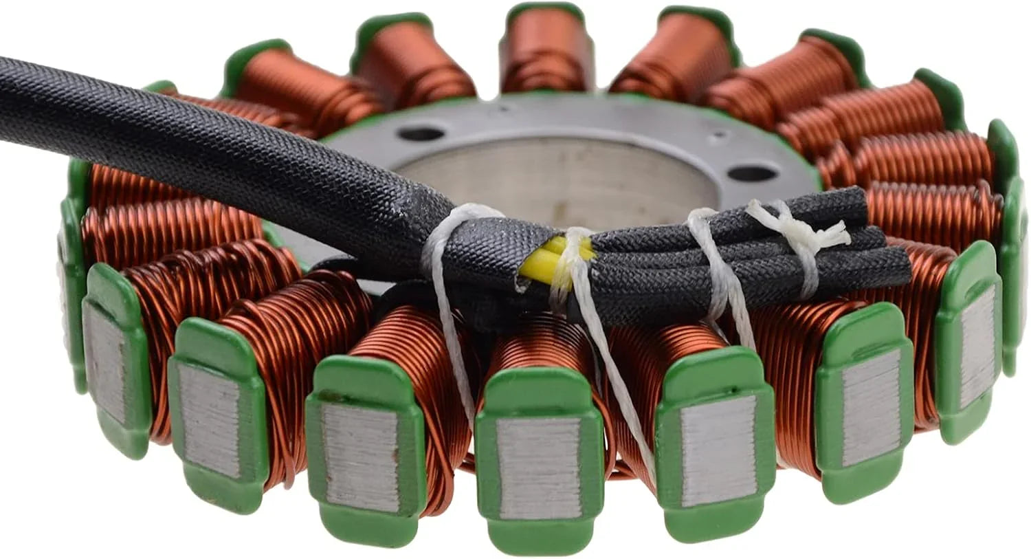 Polaris Ranger 500 stator coil with copper wire and green ends, close-up view