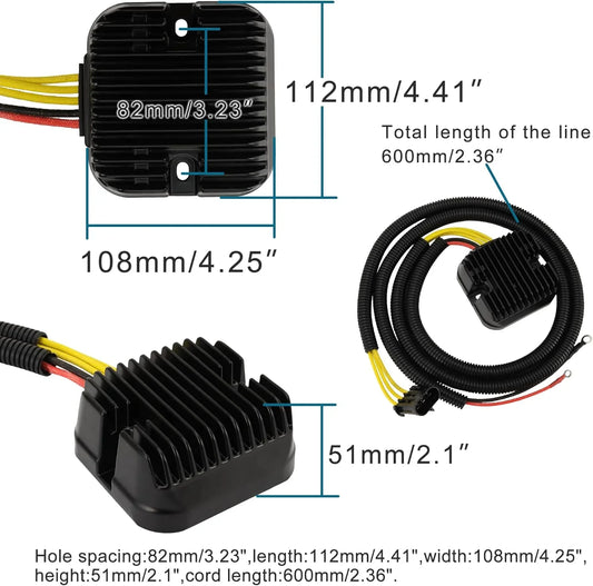 Polaris Sportsman ATV rectifier regulator with cable, black fins, detailed measurements visible