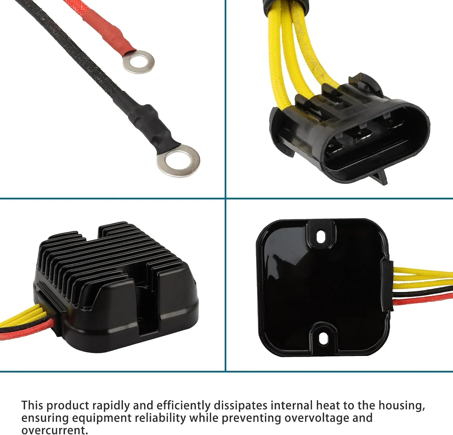 Polaris Sportsman rectifier voltage regulator with wiring harness and cooling fins.