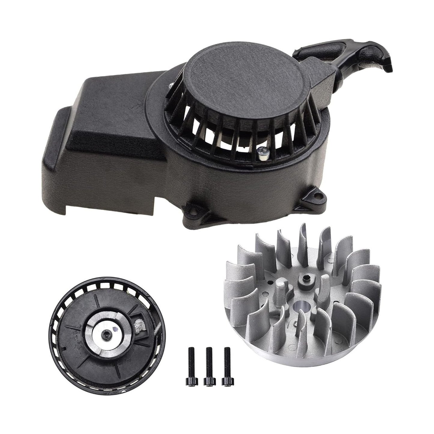 GOOFIT Aluminum Pull Start Recoil Starter with Flywheel and Screws for 2 Stroke 47cc 49cc Pocket Bike Mini Bike Dirt Bike Scooter ATV Quad Motorcycle