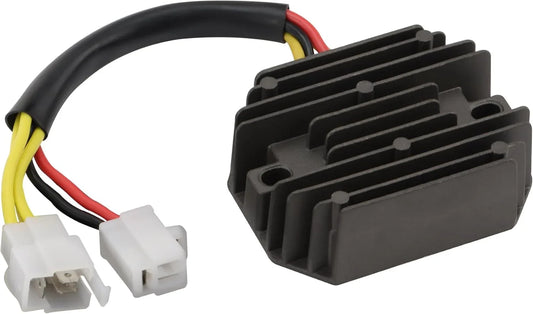 Motorcycle rectifier regulator with finned black casing and multi-colored connector wires