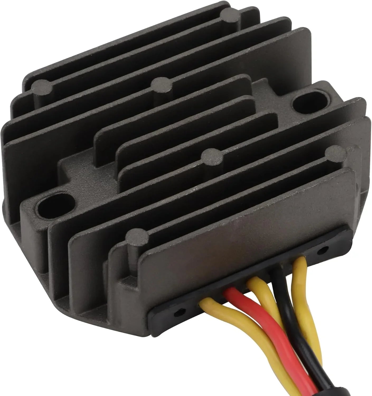 Motorcycle rectifier regulator with cooling fins and four attached wires, close-up view.