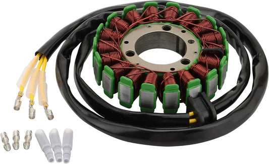 GY6 engine stator with green coils, copper windings, black wiring, and connectors for motorcycle aftermarket parts