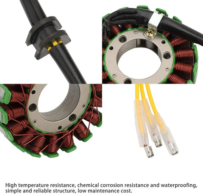 Motorcycle stator with copper coils, green insulation, and yellow wiring for GY6 engine replacement