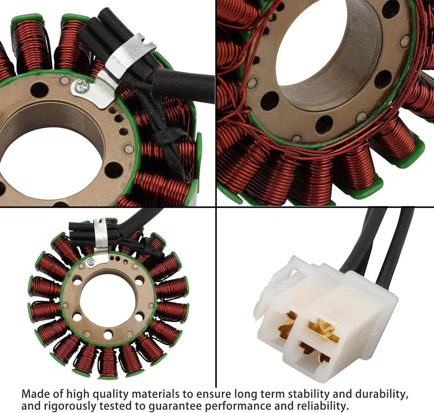 Stator with copper coils, green insulators, and connector for GY6 engine, ensuring durability and performance